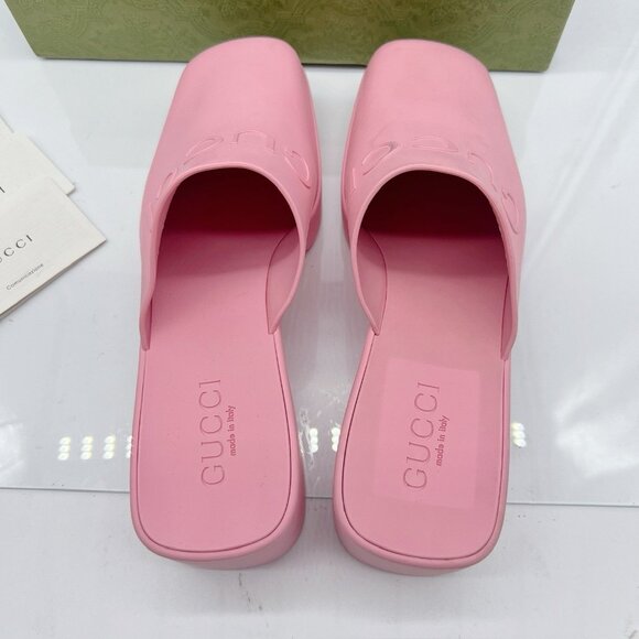 Gucci Logo Rubber Platform Heel Clogs Mules Slip On 725899 Pink Wms EU 39 US 9 - Picture 14 of 14